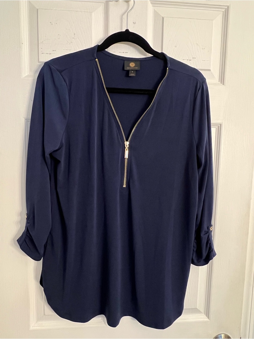 JM Collection Navy Zip-Front Roll-Sleeve Tunic